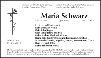 Traueranzeige von Maria Schwarz von Pegnitz-Zeitung
